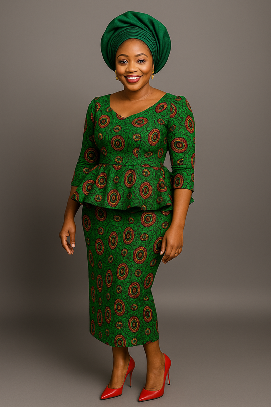 Elegant Green Ankara Peplum Skirt Set – African Print Blouse & Skirt